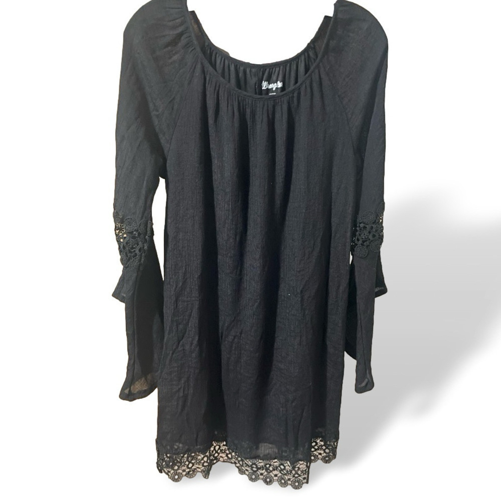 Wrangler Black Boho Mini Dress Bell Sleeve Lace Hem Small - Picture 3 of 11